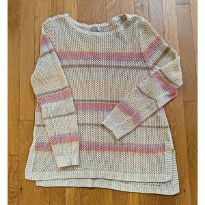 Chico's Openwork Open knit Striped Sweater cream pink tan stripes Crewneck pullo